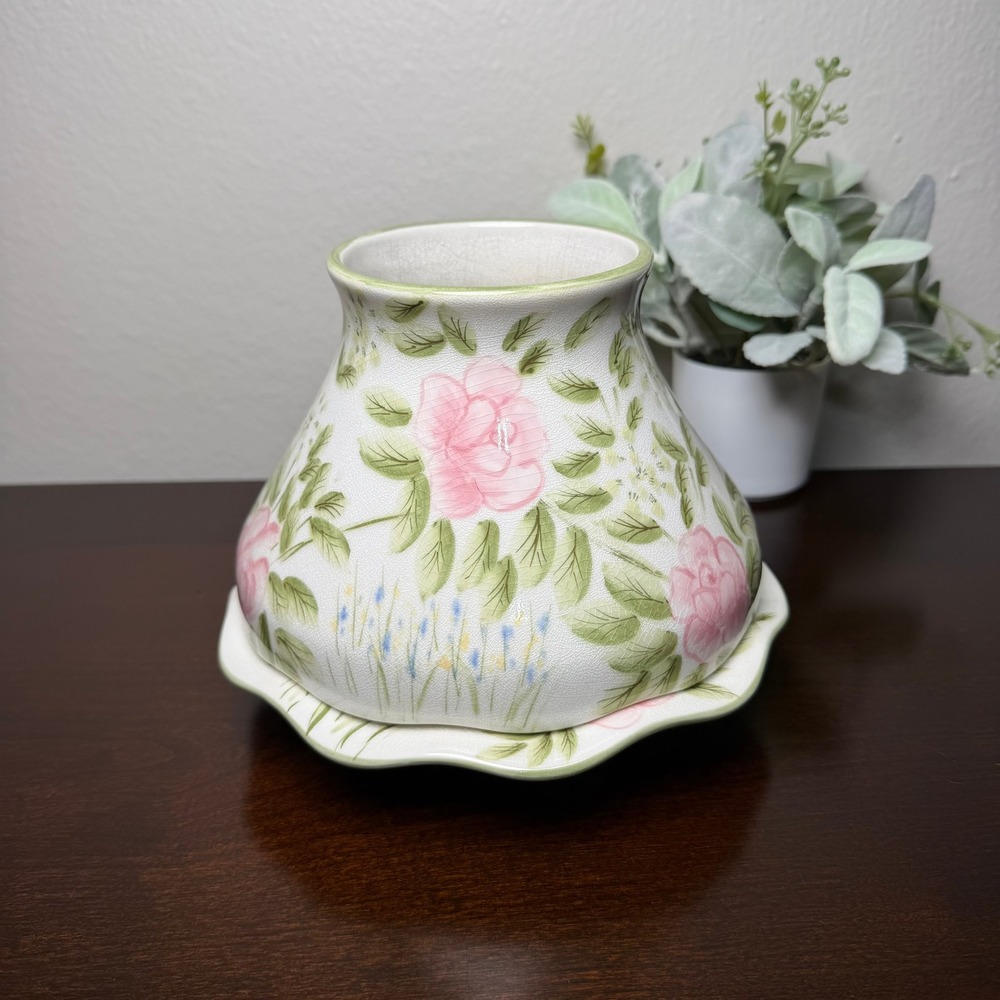 Yankee Candle Floral Rose Ceramic Large‎ Jar Shade and Tray Set Pink Green White